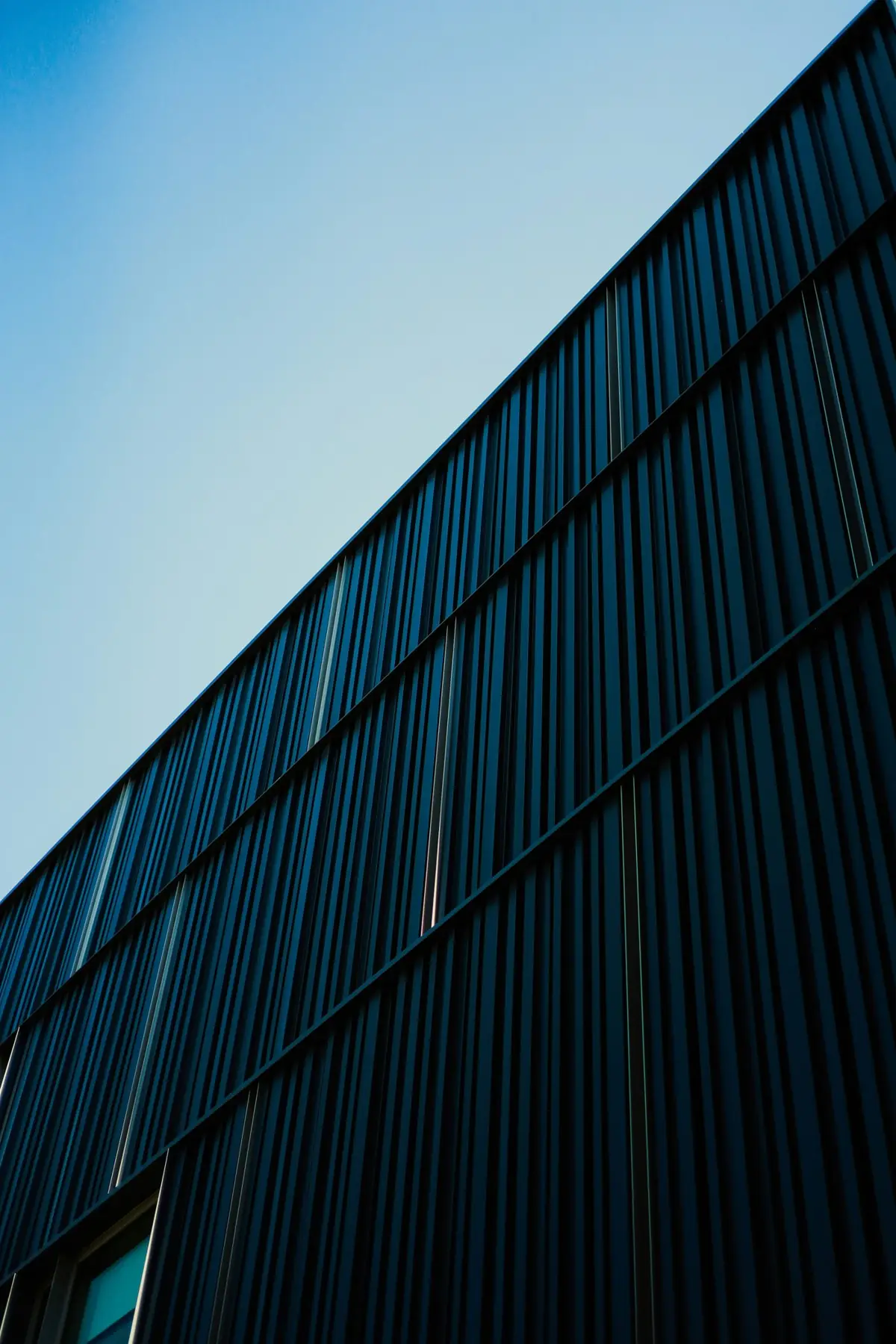Dark ribbed façade rising against a clear sky