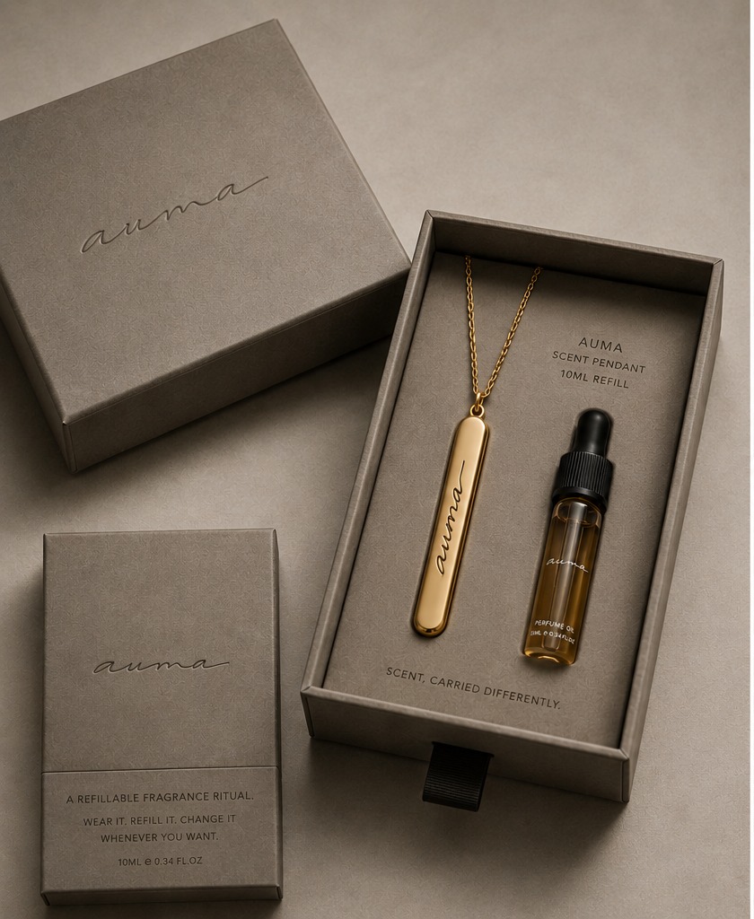 The Auma set: engraved scent pendant, 10 ml perfume oil with dropper, and its box